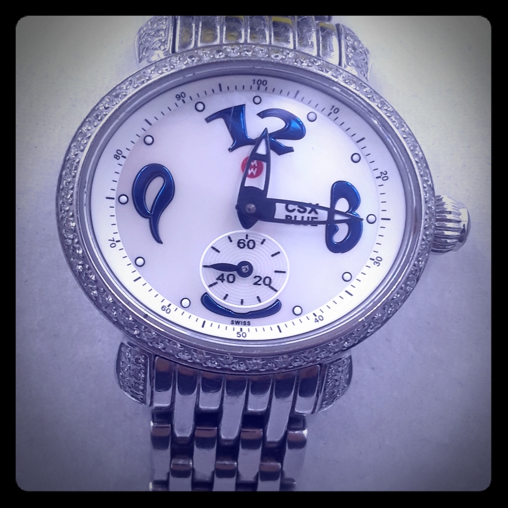 Diamond oval face Michele stainless watch
